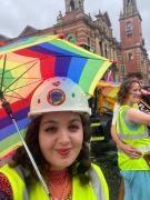 Leeds Pride 2025 Rainbow umbrella and helmet